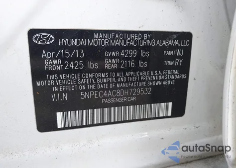 2013 Hyundai Sonata Se из США, поврежденный, VIN 5NPEC4AC8DH729532